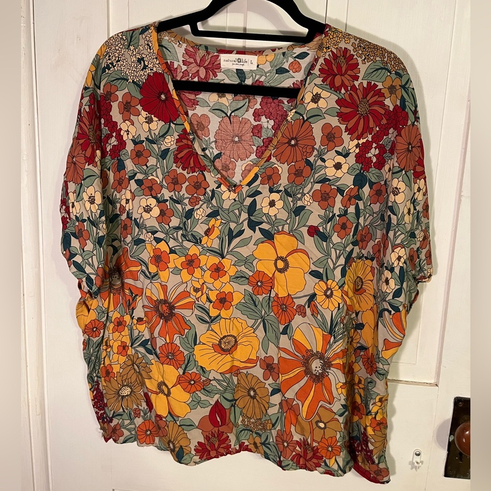 NATURAL LIFE Floral V-Neck Blouse - Red, Yellow, Orange